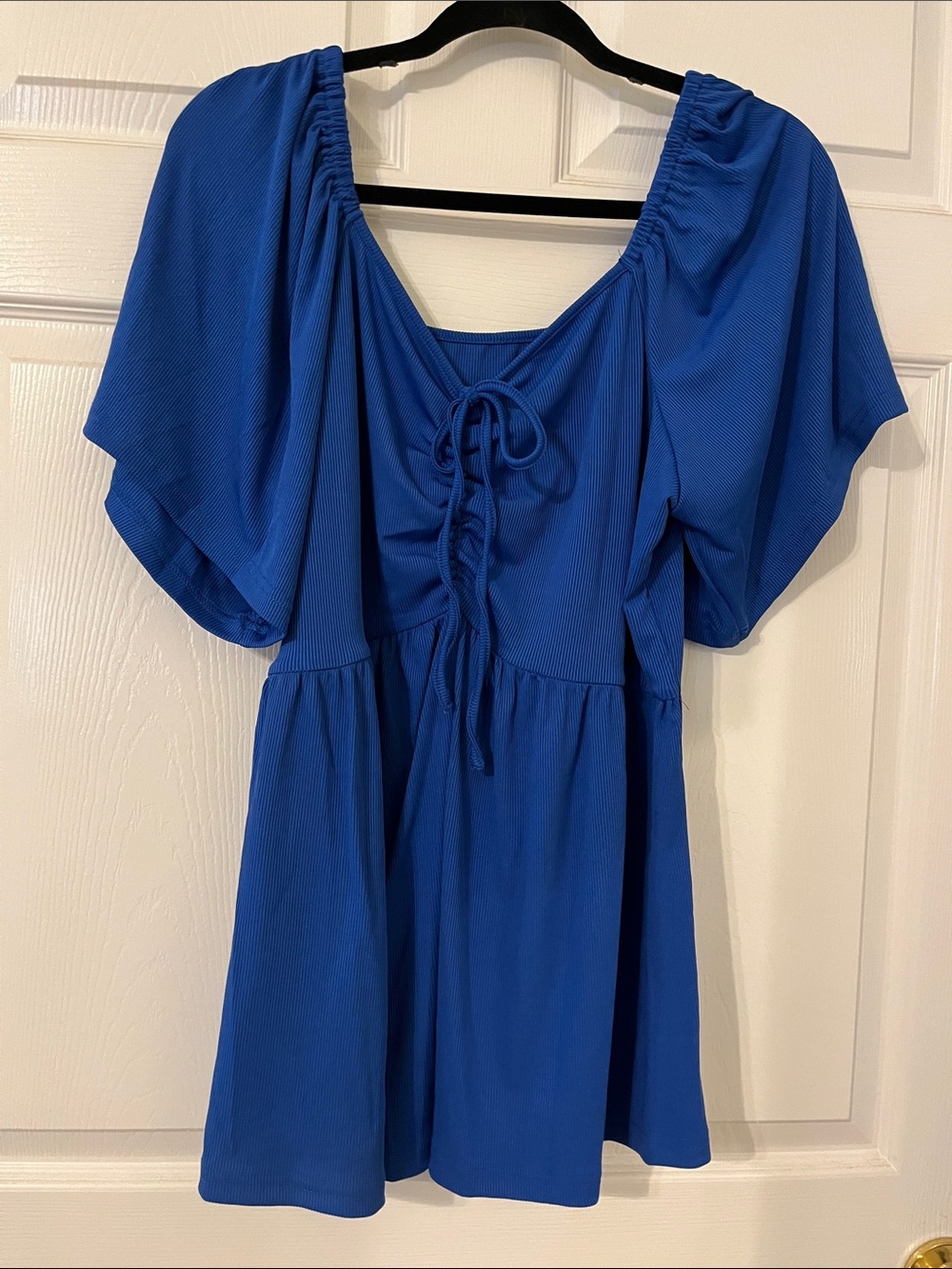 Flutter-Sleeve Tie-Front Tunic in Royal Blue, Sweetheart design.